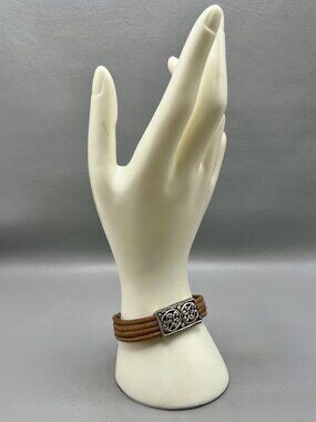 Brown Leather Multi Strand Bracelet Silver Tone Filigree Clasp Boho 7"